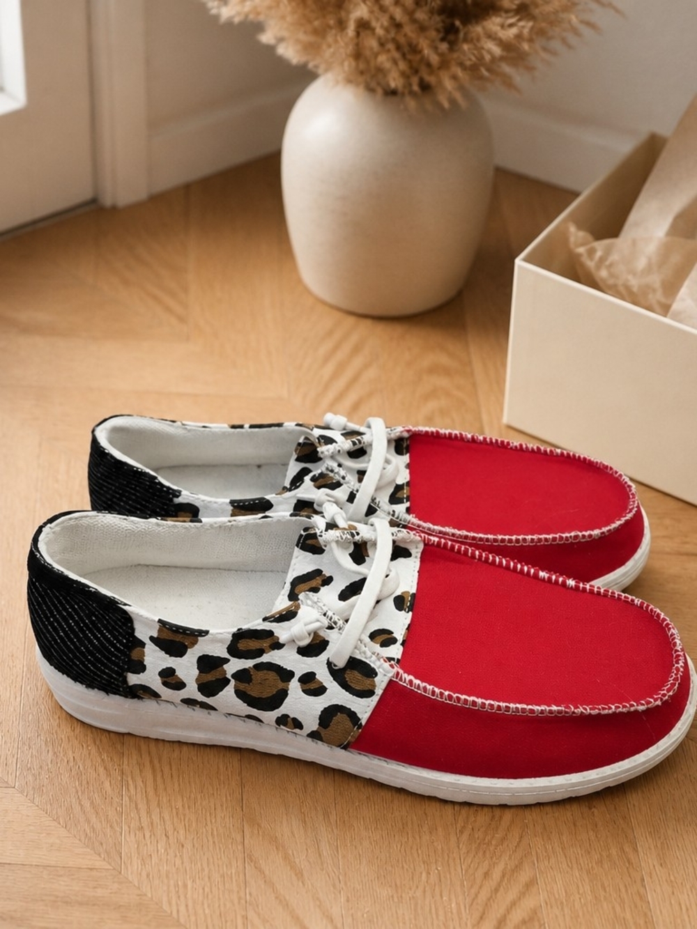 Leopard Accent Red Canvas Flats & Loafers